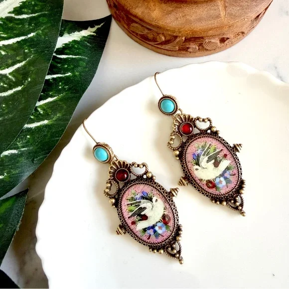 Vintage Style Dove Bird Baroque Earrings Micro Mosaic Style Floral Ornate NEW - Picture 8 of 13